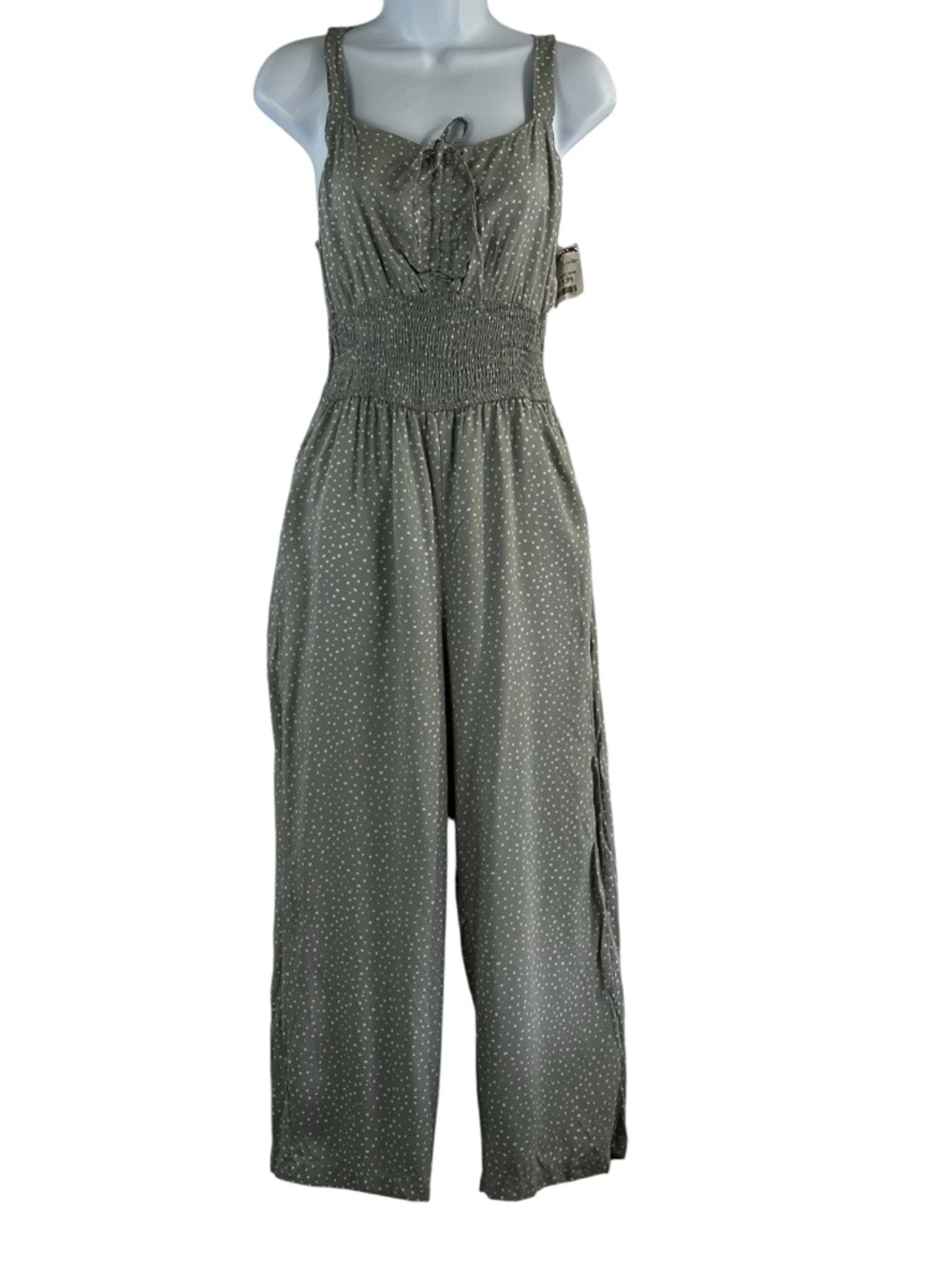 Jessica Simpson Sage Green Polka Dot Wide-Leg Jumpsuit Boho Chic Smocked waist M